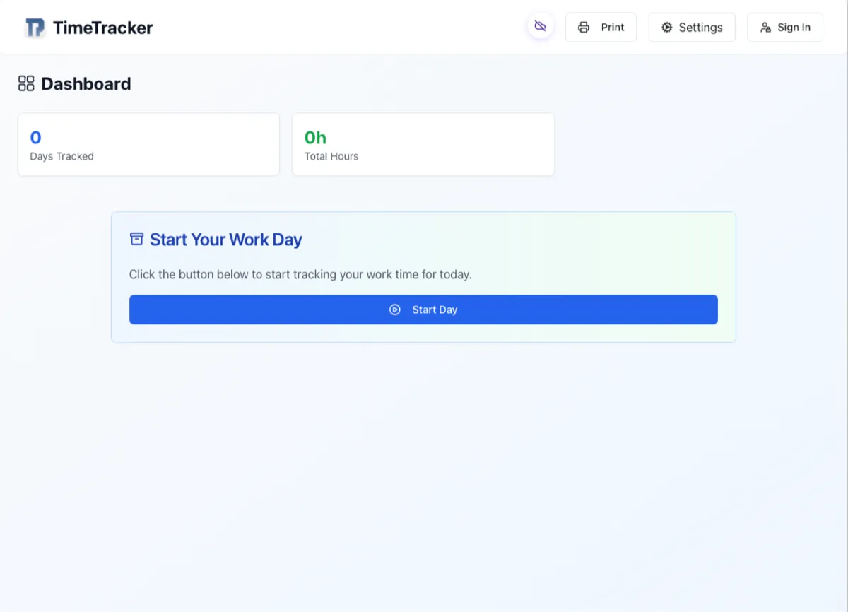 Start screen for TimeTracker Pro